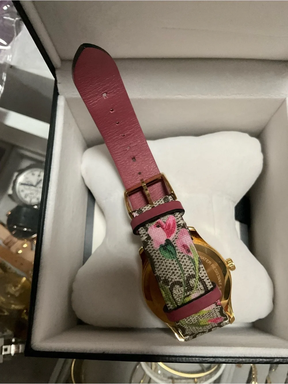 Gucci Gold-Tone Watch with Pink Floral Strap